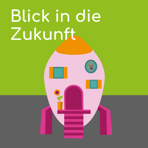 Rakete mit Treppe und Blume am Eingang