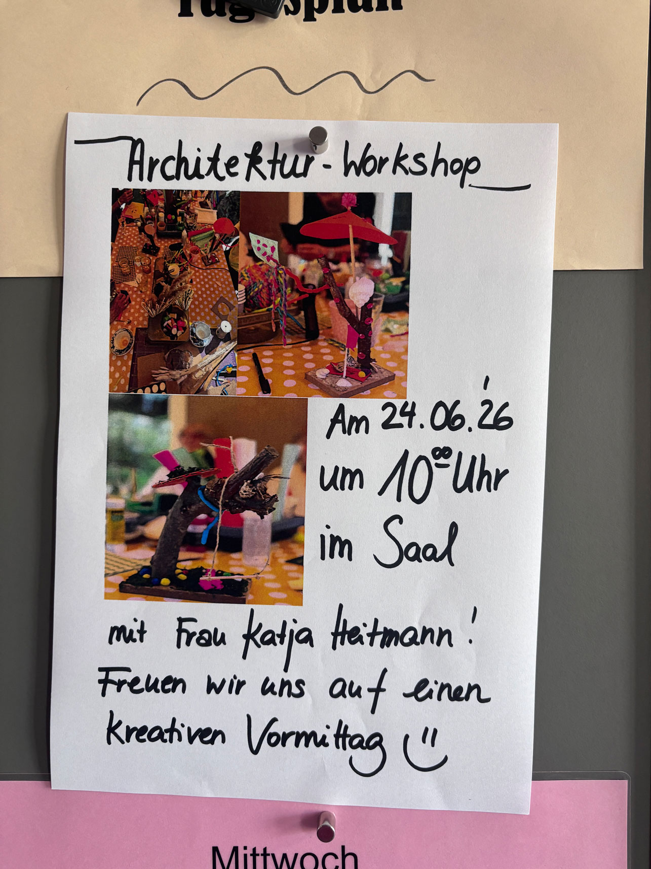Handgeschriebenes Plakat zum Architekturworkshop mit Katja Heitmann