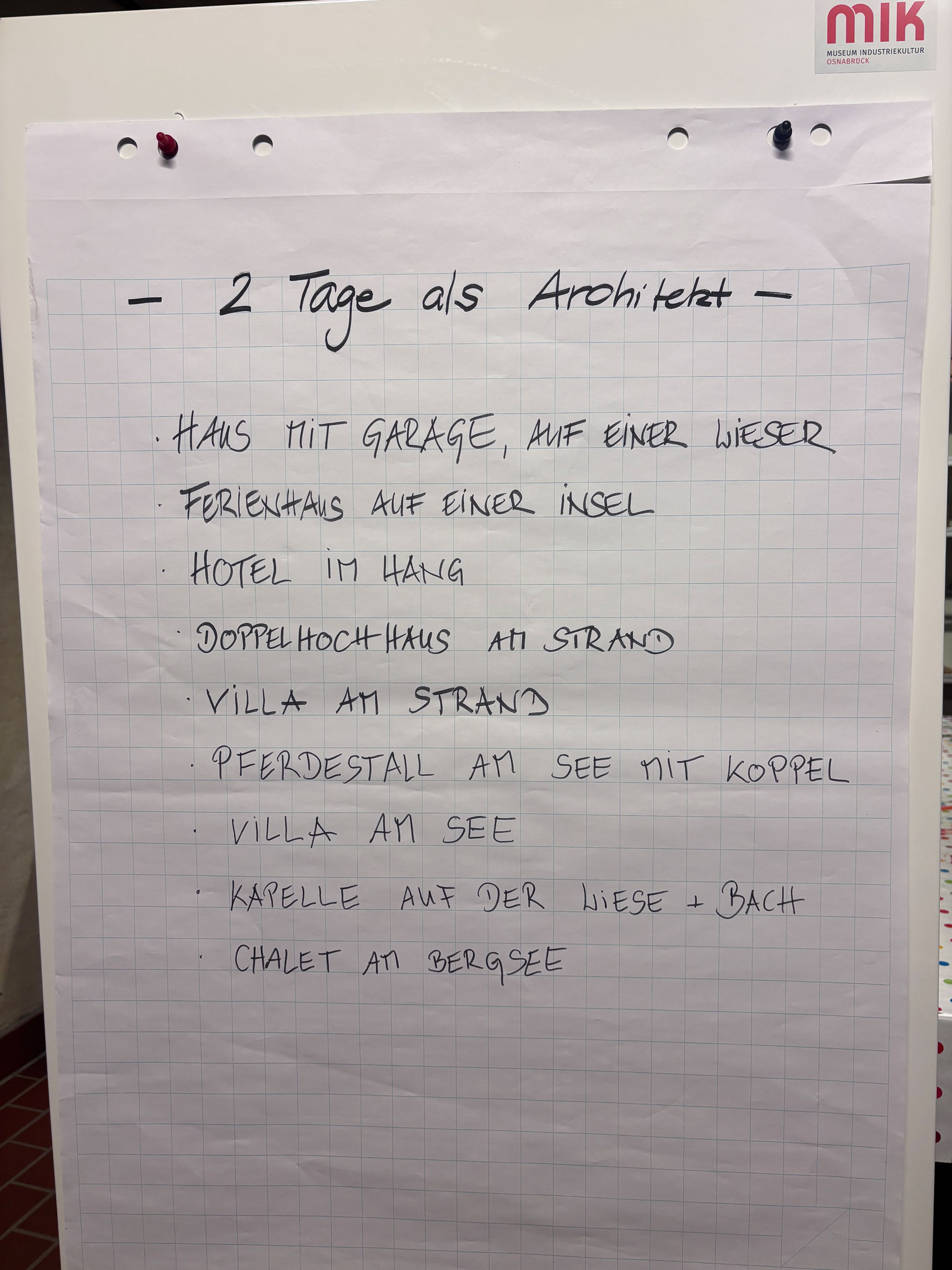 beschrifteter Flipp-Chart "Zwei Tage als Architekt"